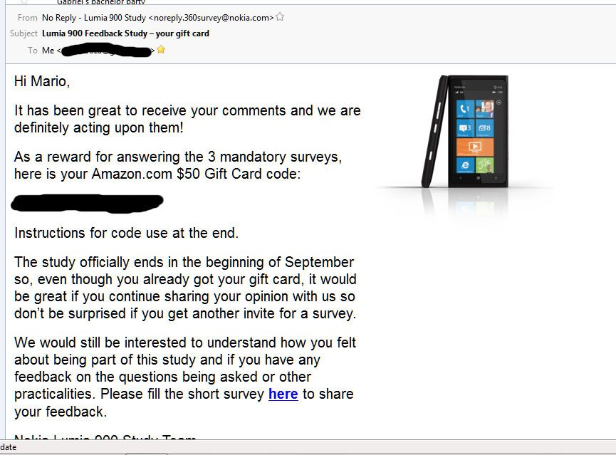 Lumia 900 survey participants receiving Amazon gift cards
