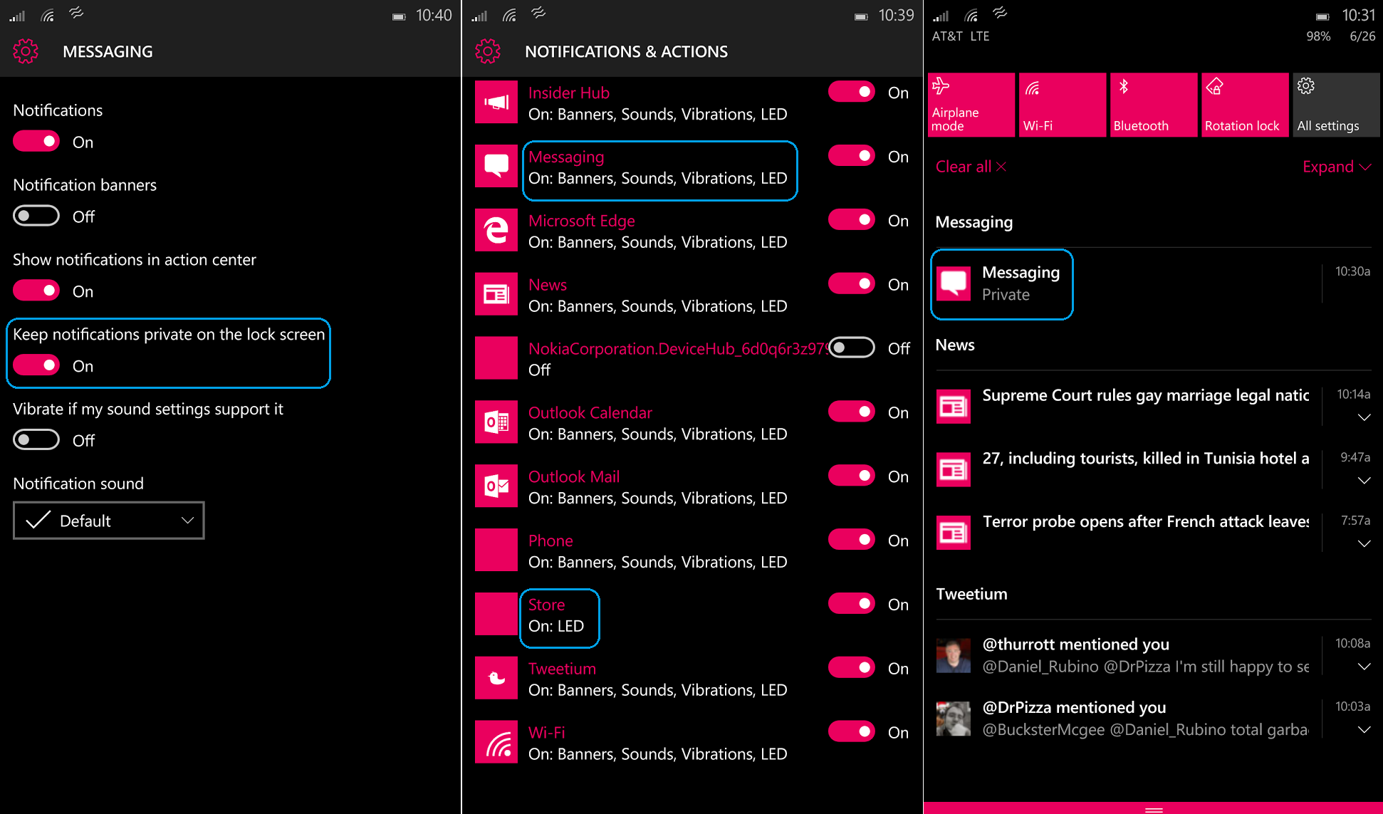 Windows 10 Mobile private notifications