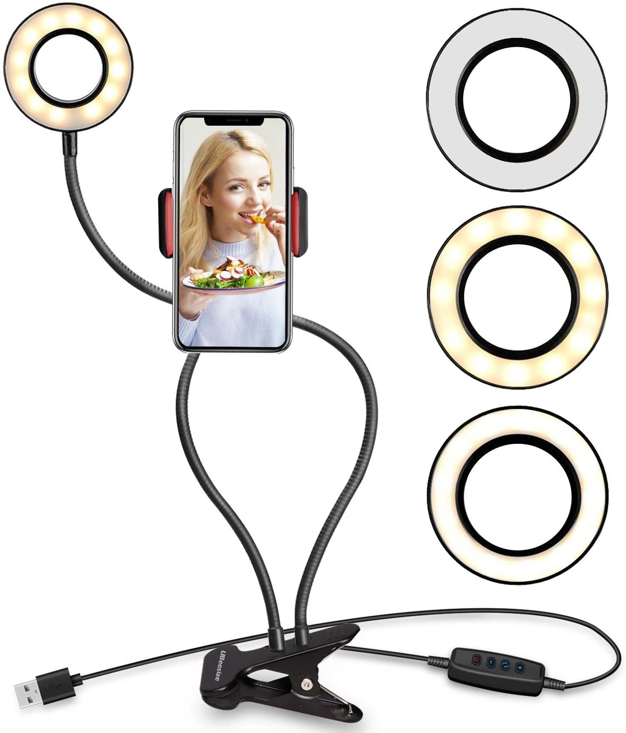 UBeesize selfie luz anelar com clipe nos braços flexíveis