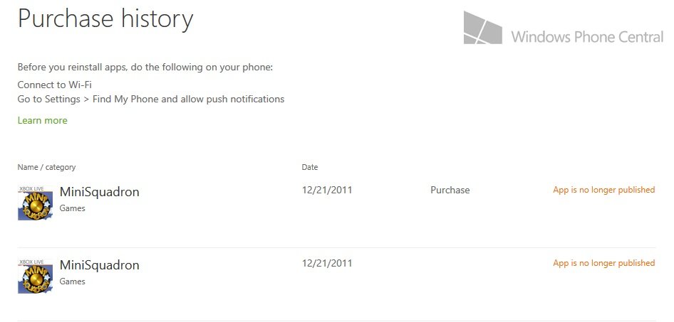 Delisted Windows Phone games in Purchase History