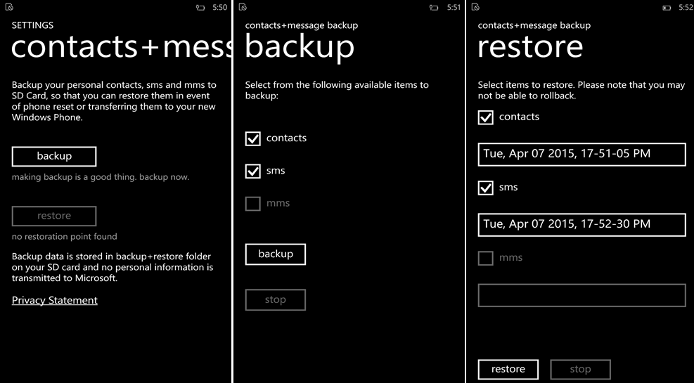 Microsoft Contacts+Message SD card backup