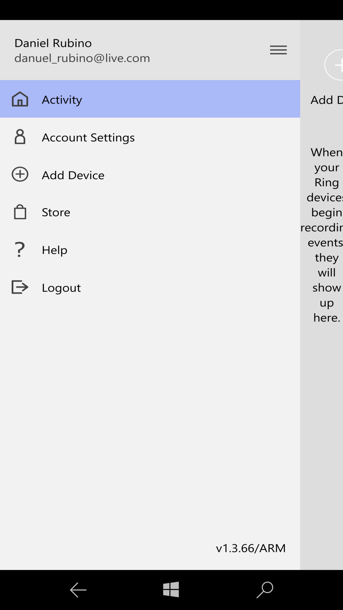 Ring app on Windows 10 Mobile