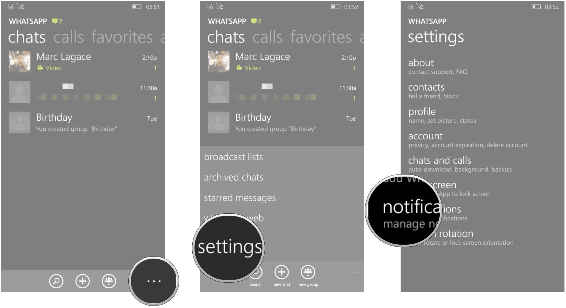 Launch WhatsApp, tap menu, settings, notifications