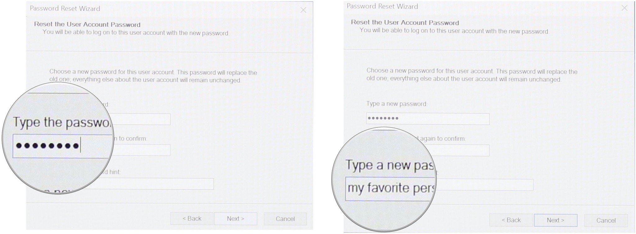 Type in the new password again and then type in a password hint.