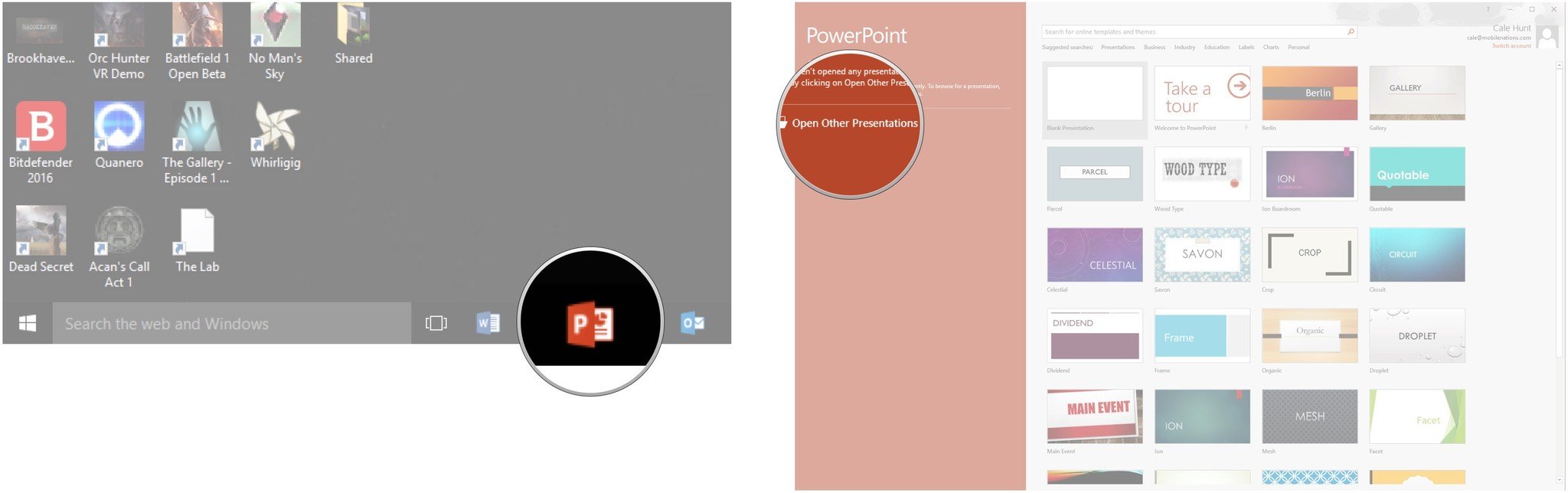 Launch PowerPoint. Click Open Other Presentation.