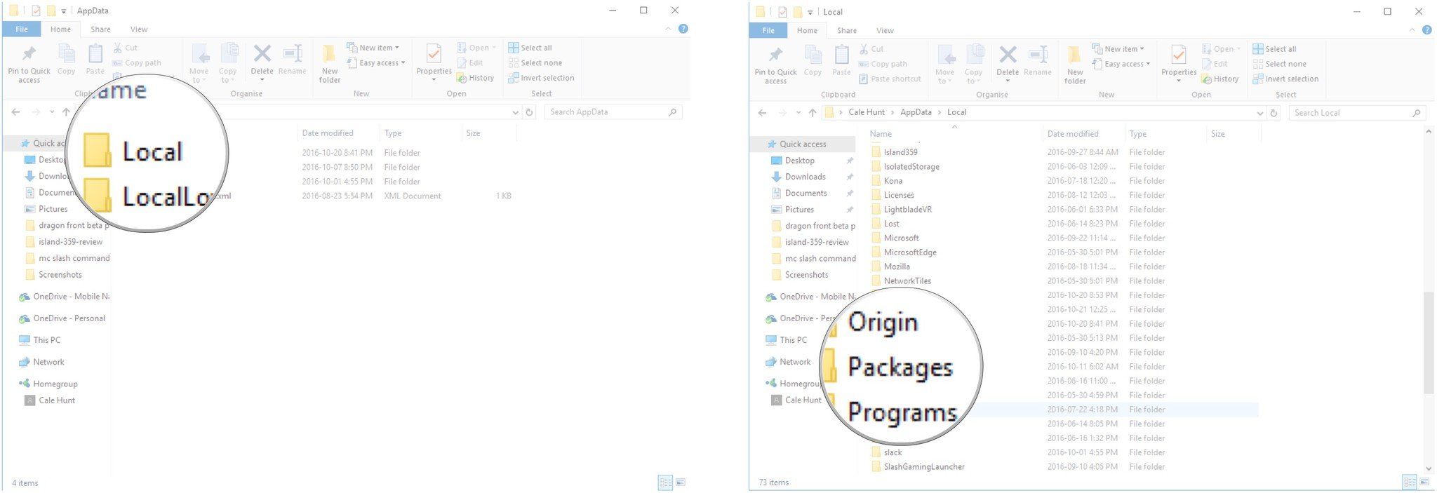 Double-click the Local folder. Double-click the Packages folder.