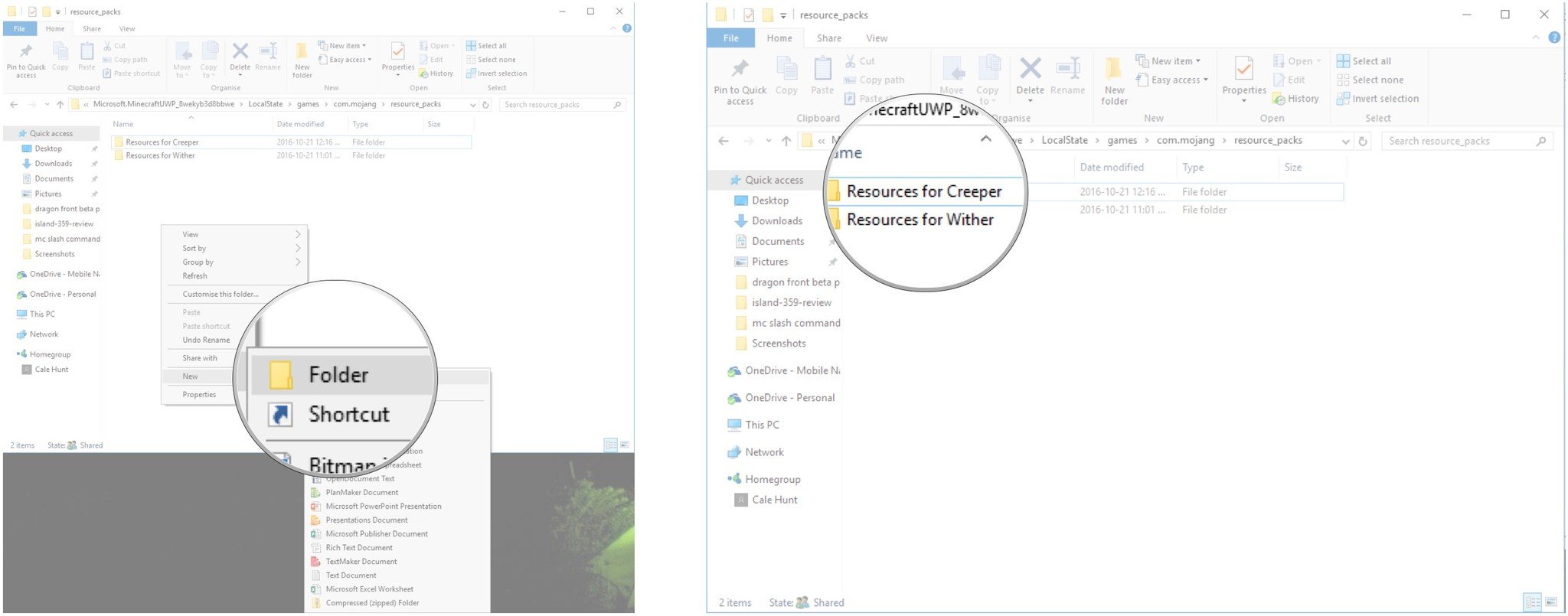 Hover your cursor over New and click Folder. Type Resources for Creeper and hit Enter.