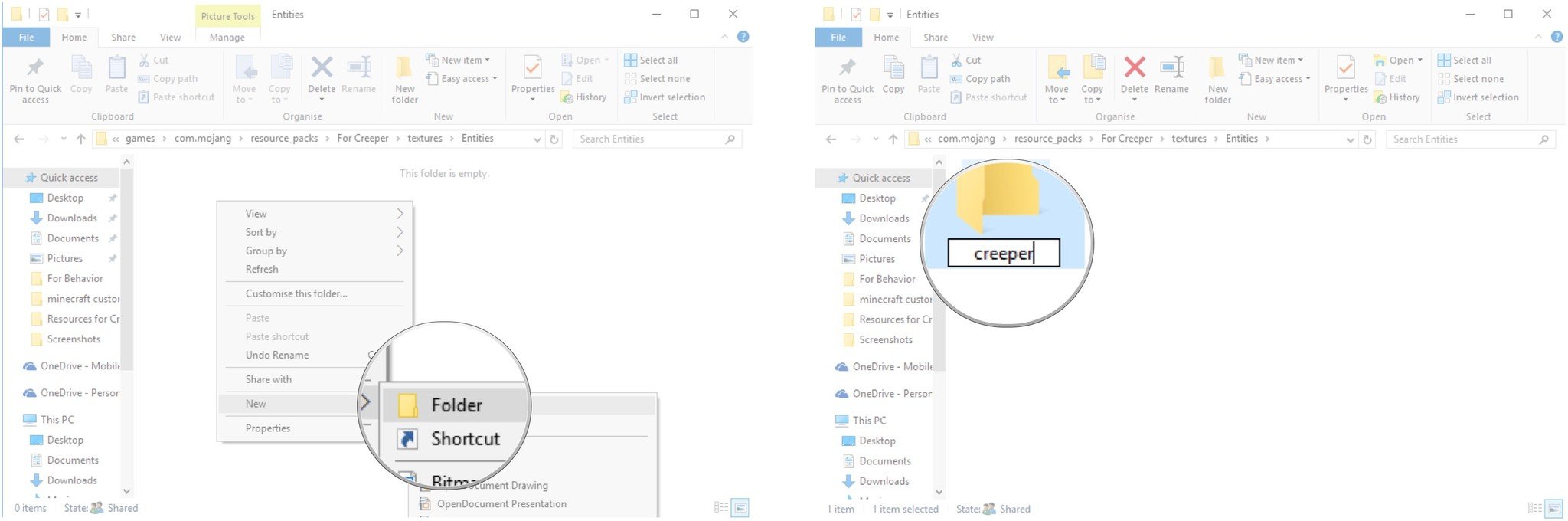 Hover your cursor over New and click Folder. Type creeper and hit Enter.