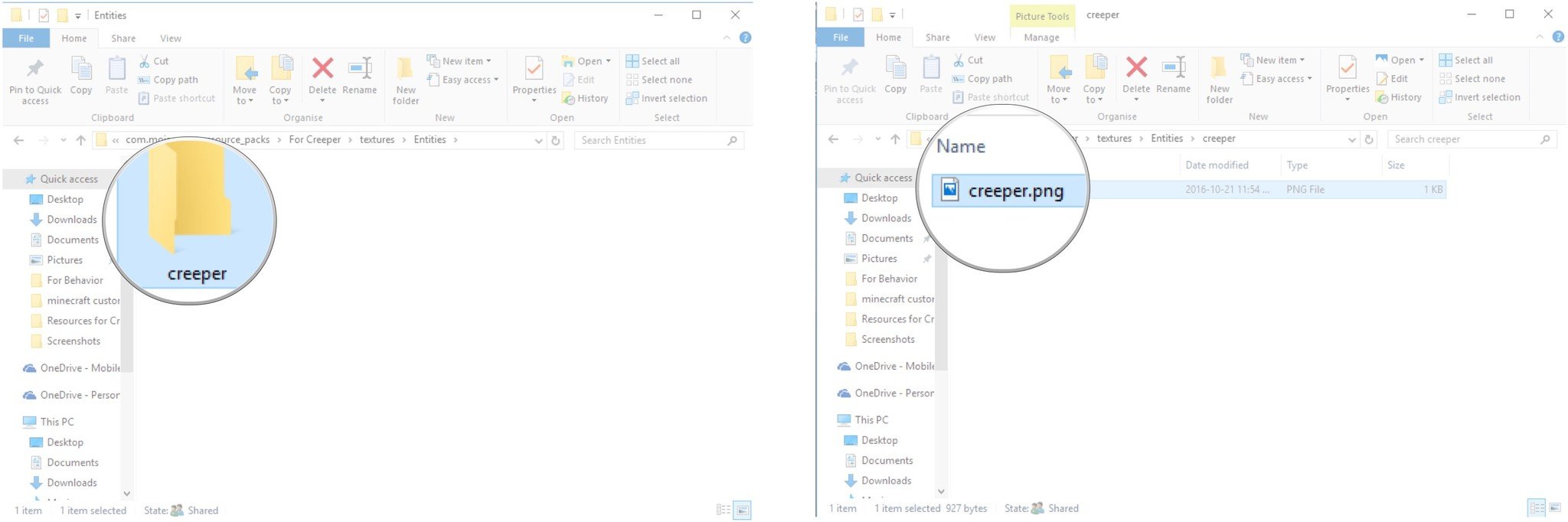 Double-click the creeper folder. Drag and drop the creeper PNG file you made earlier.