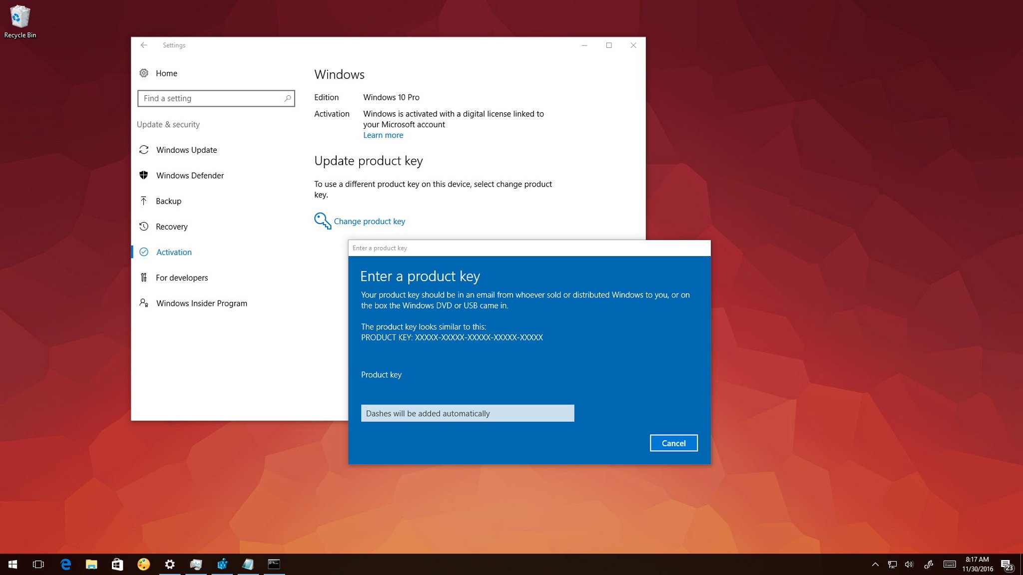 change windows 10 home to pro product key