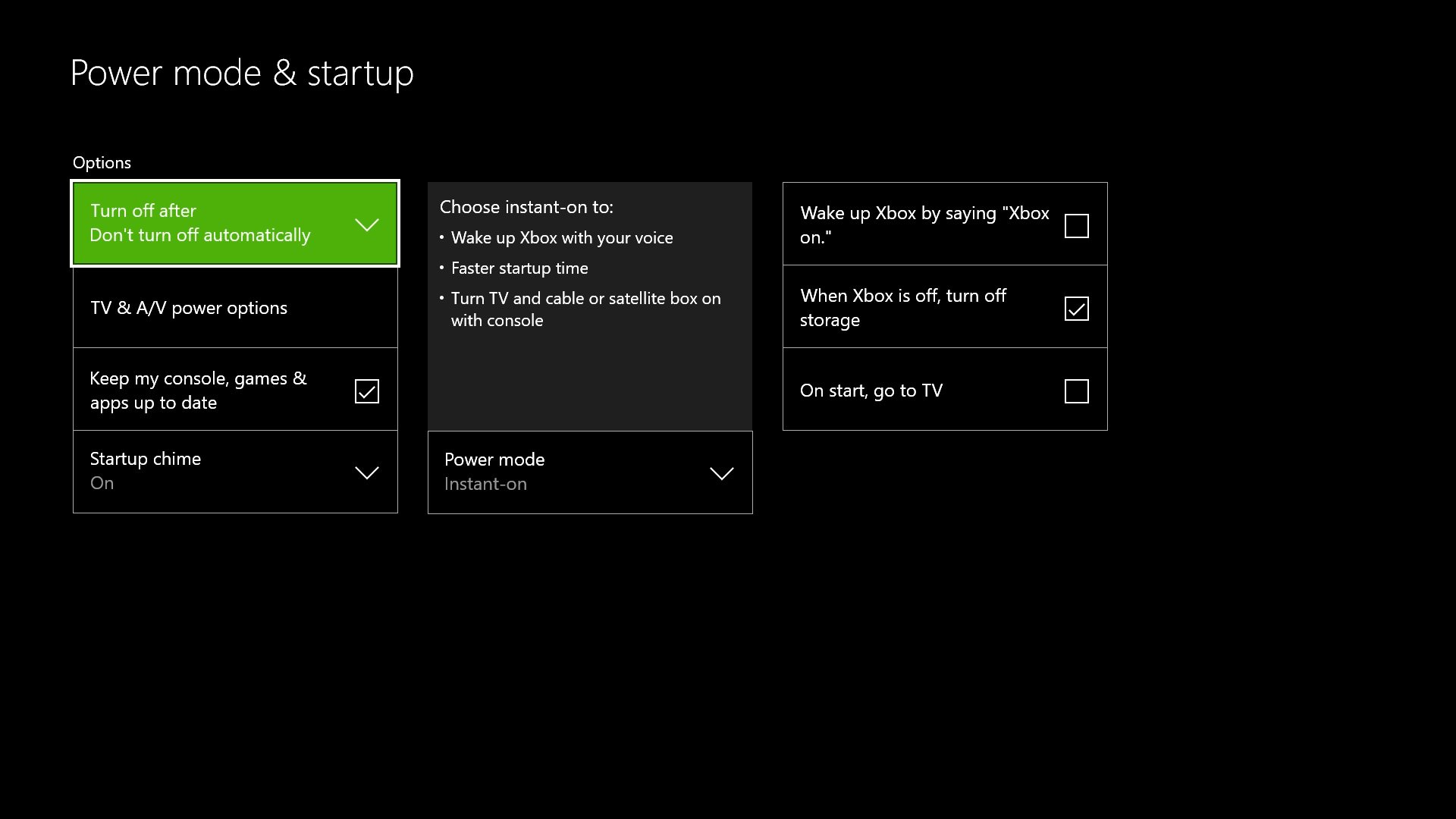 Xbox One Power mode settings