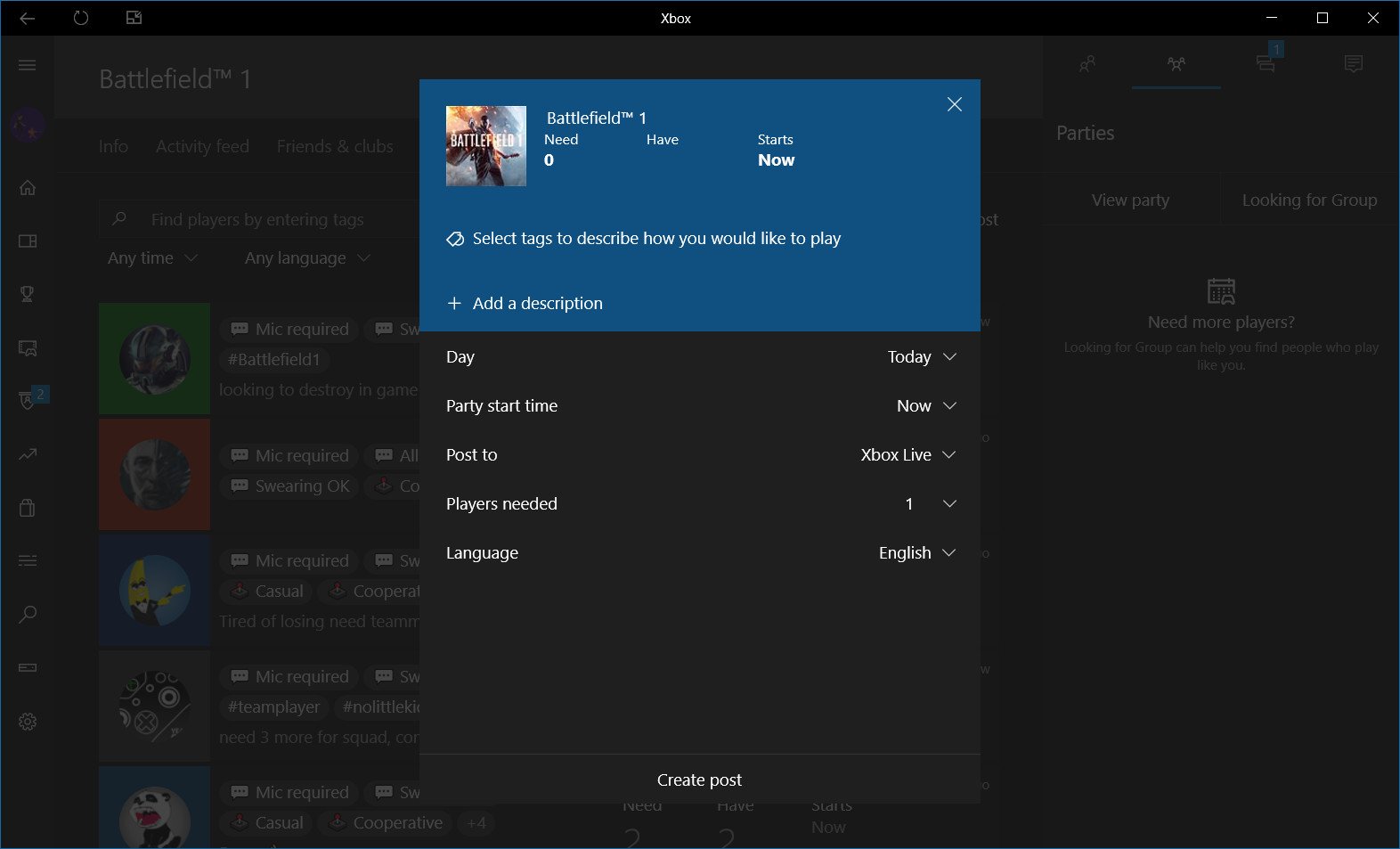 How To Create A Looking For Group Post On Xbox One And Windows 10