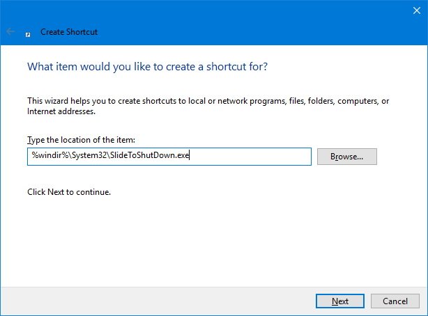 Slide to shut down option on Windows 10