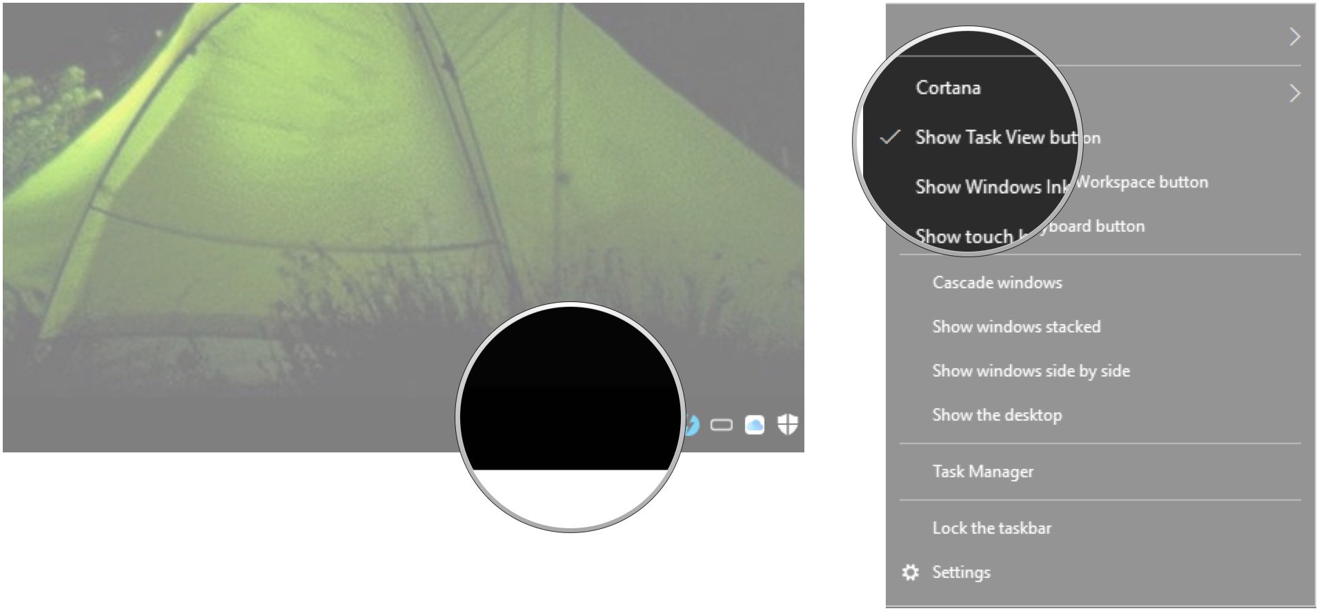 Right-click a blank spot on your taskbar. Click Show Task View button.