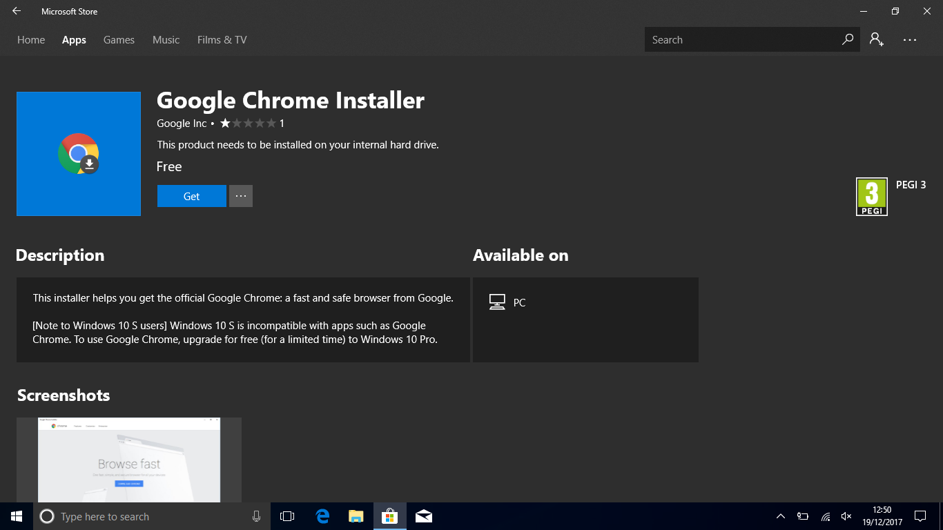 Microsoft Google Chrome Installer from the Microsoft Store