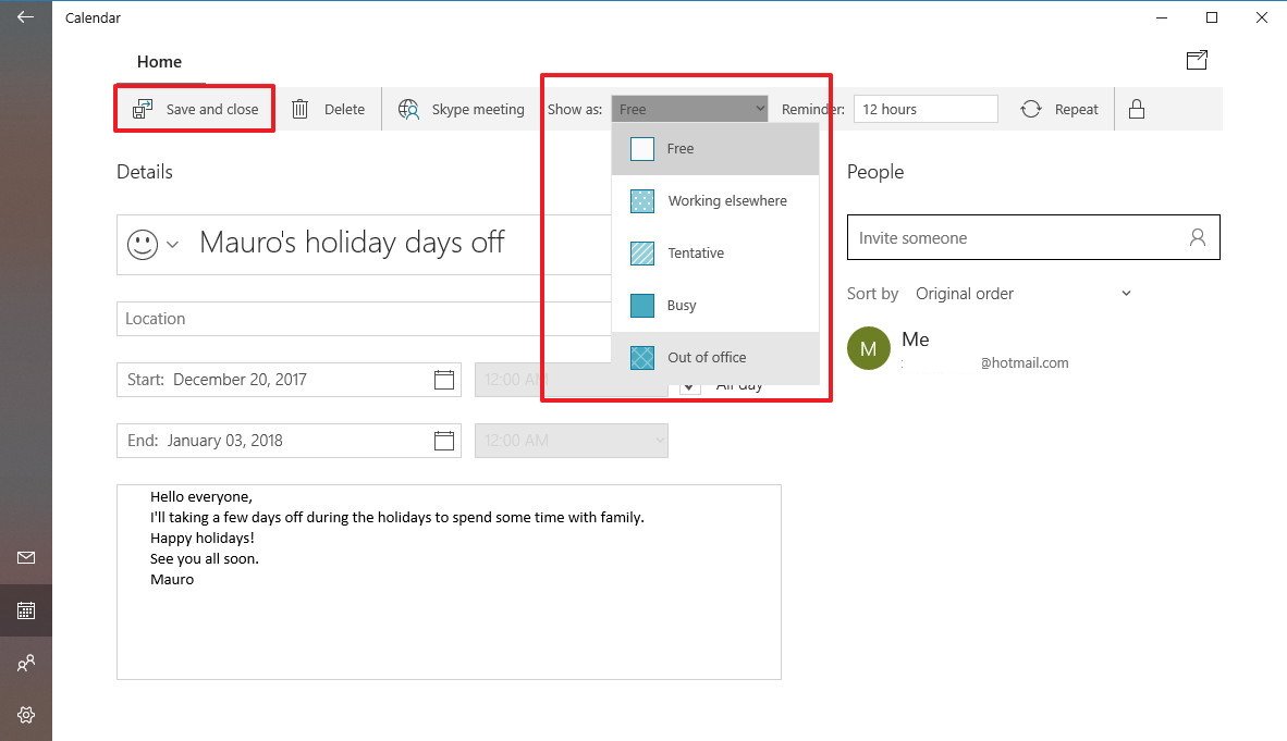 How to create an Outlook 'Out of Office' calendar entry Alba