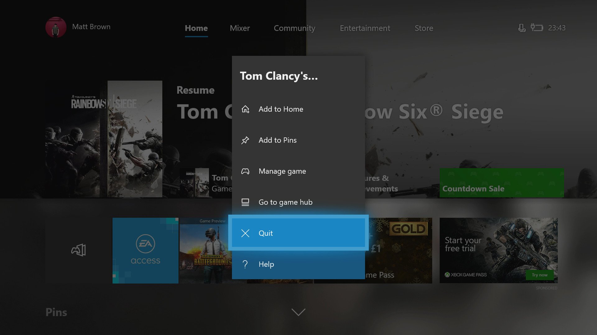 Application Xbox One Quitter