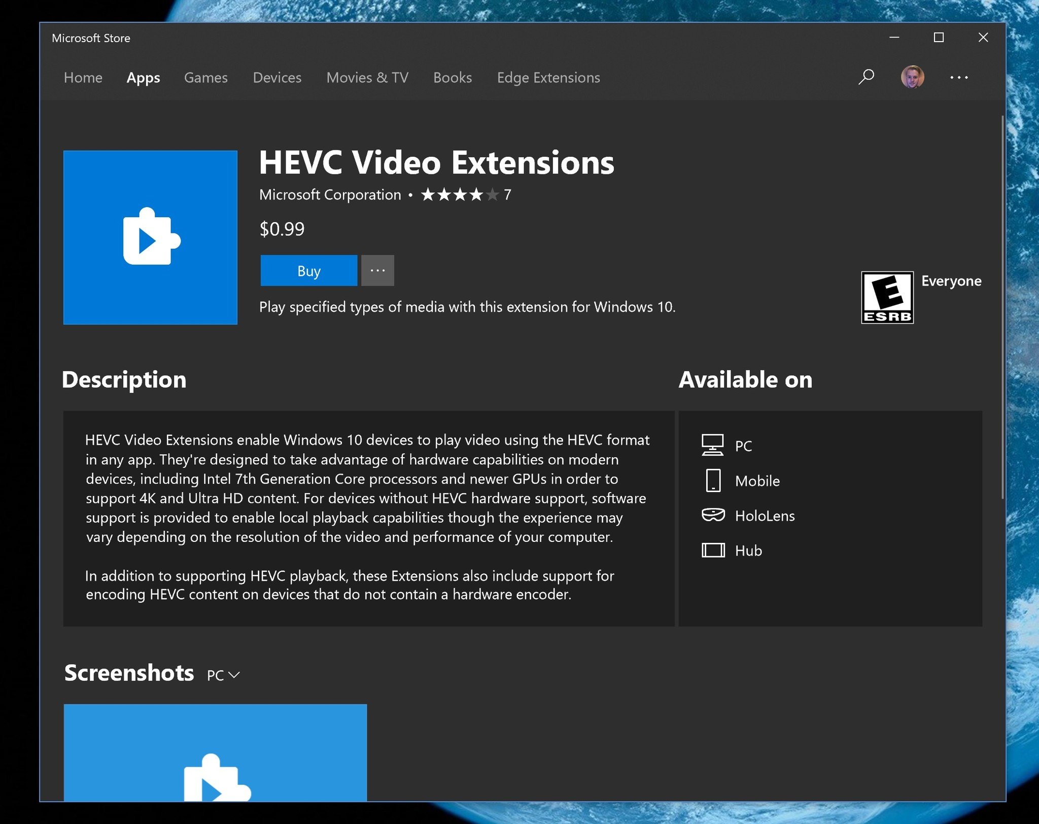 Microsoft now charging for HEVC Video Extensions