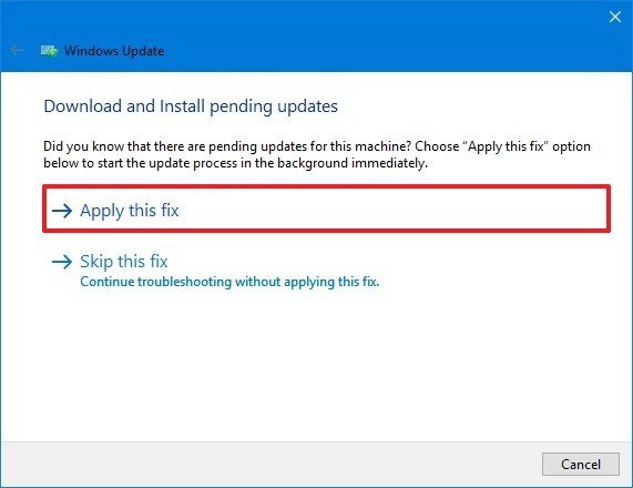 Windows Update troubleshooter apply fix option