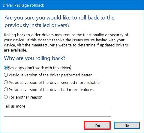 Select reason to rollback driver on Windows 10