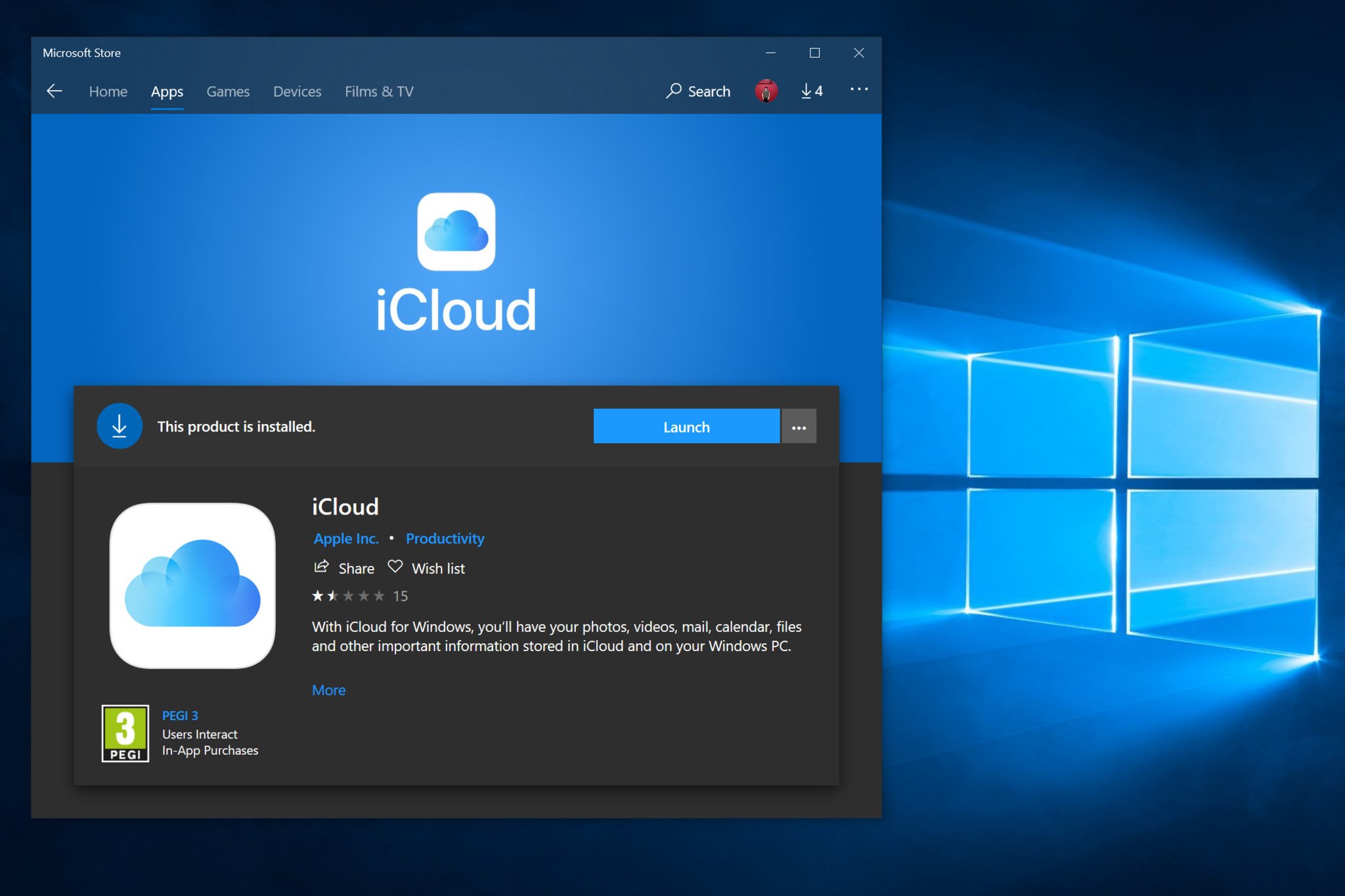 Download iCloud from the Windows 10 Microsoft Store.