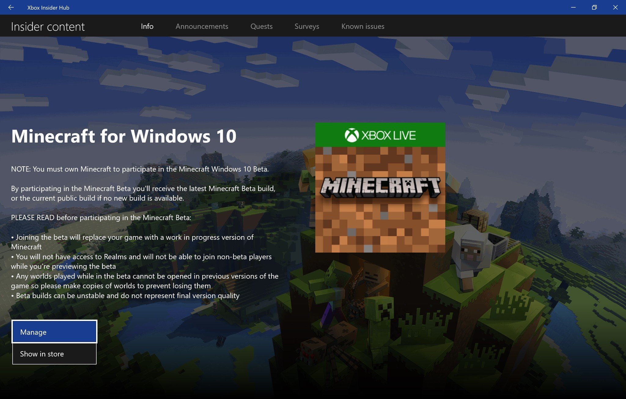 Minecraft Beta in Xbox Insider Hub