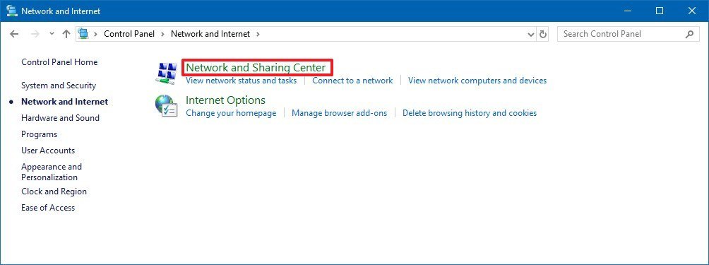 Control Panel Network Sharing Center option
