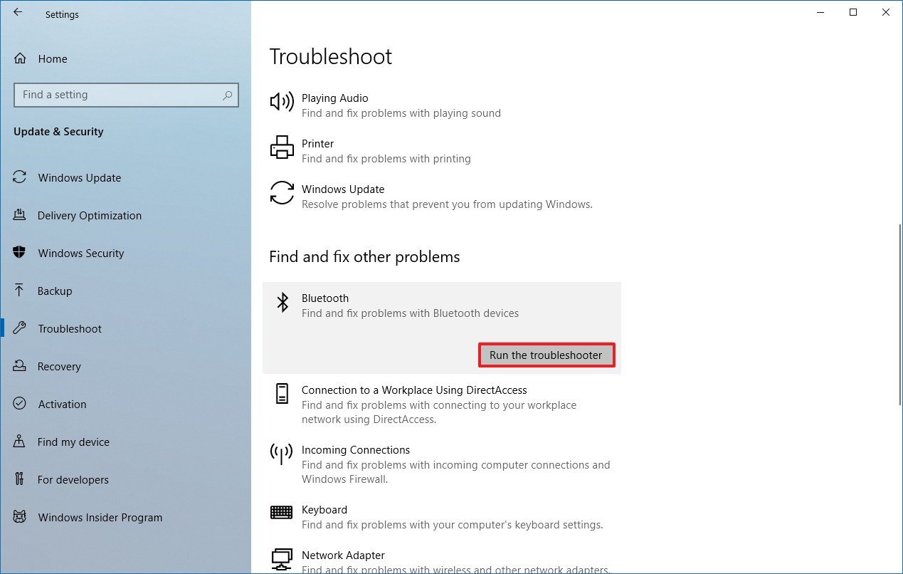 Bluetooth troubleshooter on Windows 10