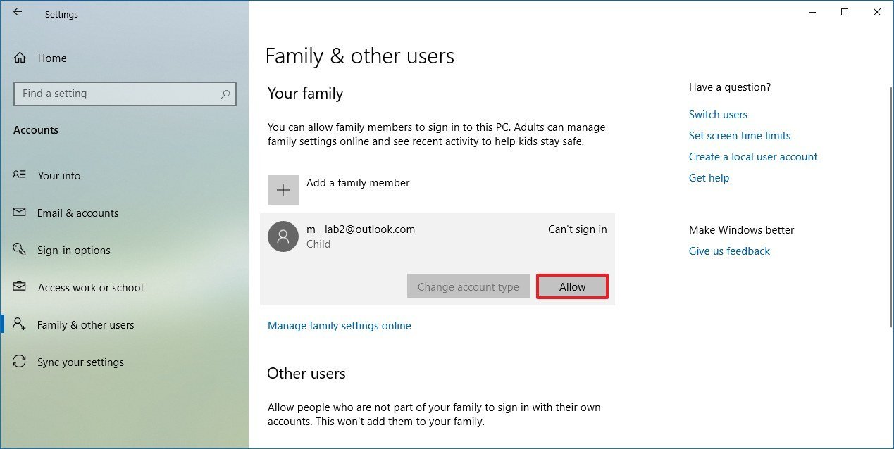 Set up account on Windows 10 for family member