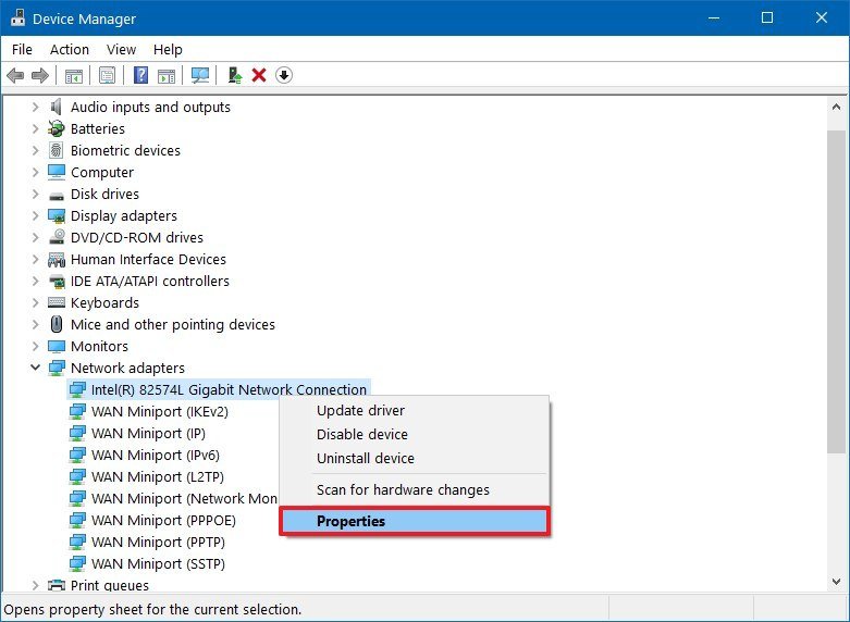 Device Manager properties option