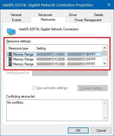 Device Manager resources settings