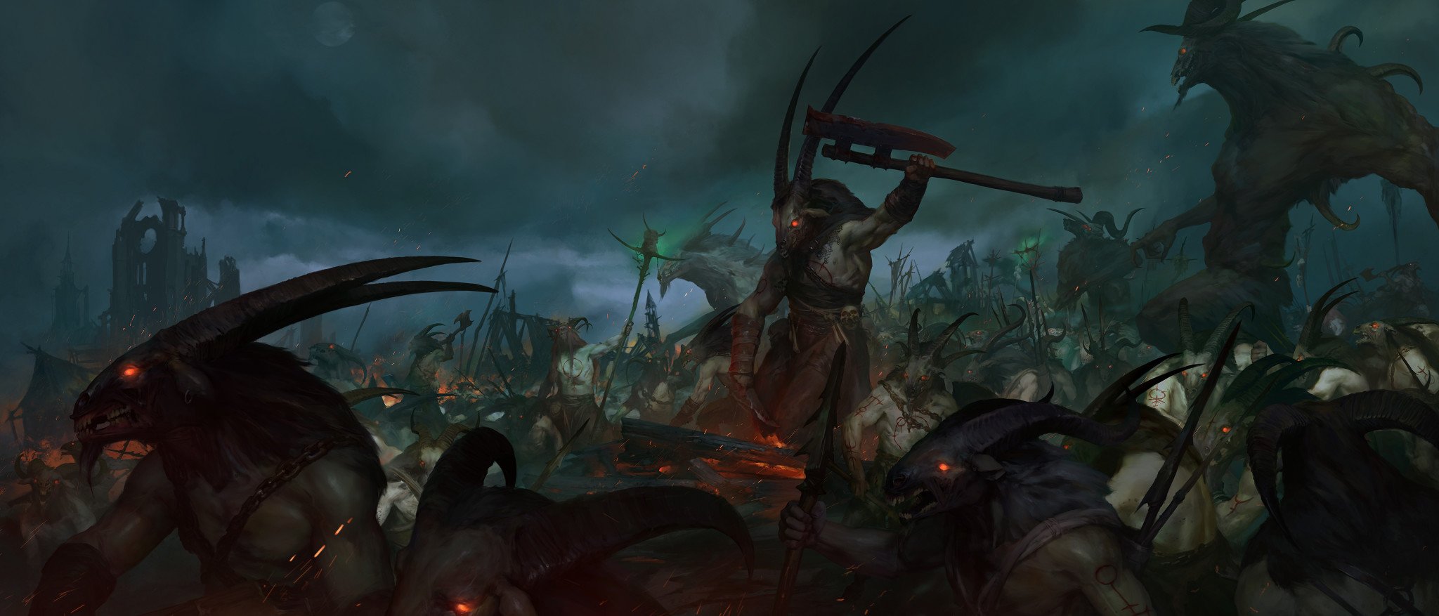 Concept art of a herd of Goatmen in Diablo 4