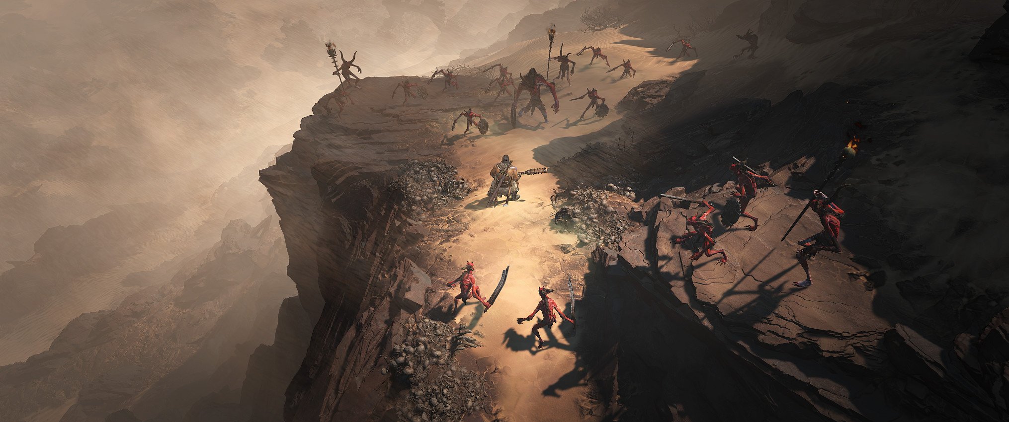 A barbarian faces demons in the sand-swept ruins of Kejhistan in Diablo 4