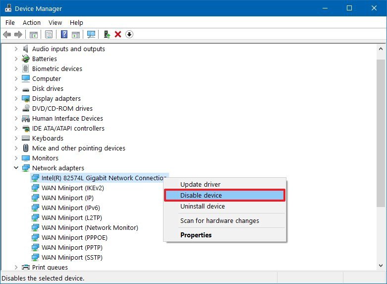 Device Manager disable hardware option