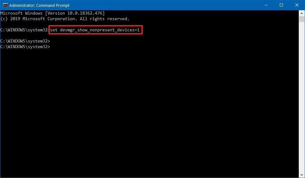 Command Prompt enable hidden devices 