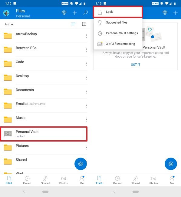 Lock OneDrive Personal Vault on mobile