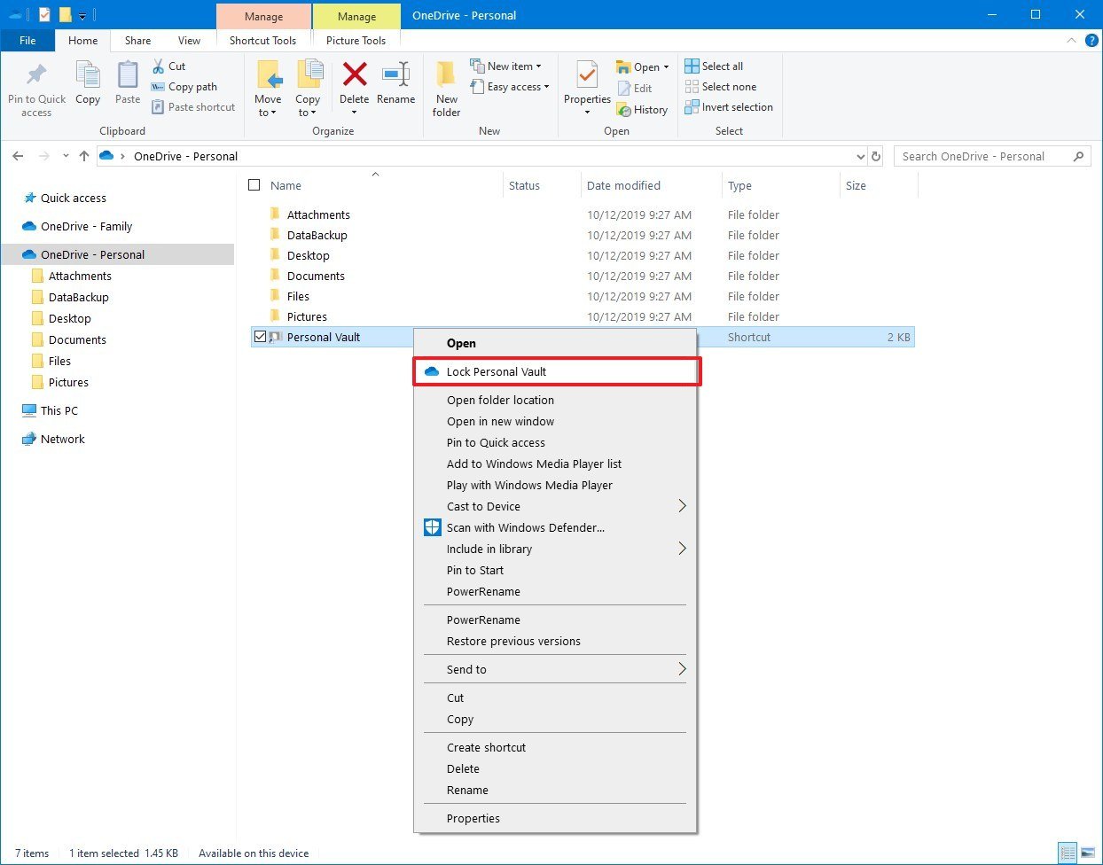 Lock OneDrive Personal Vault in File Explorer