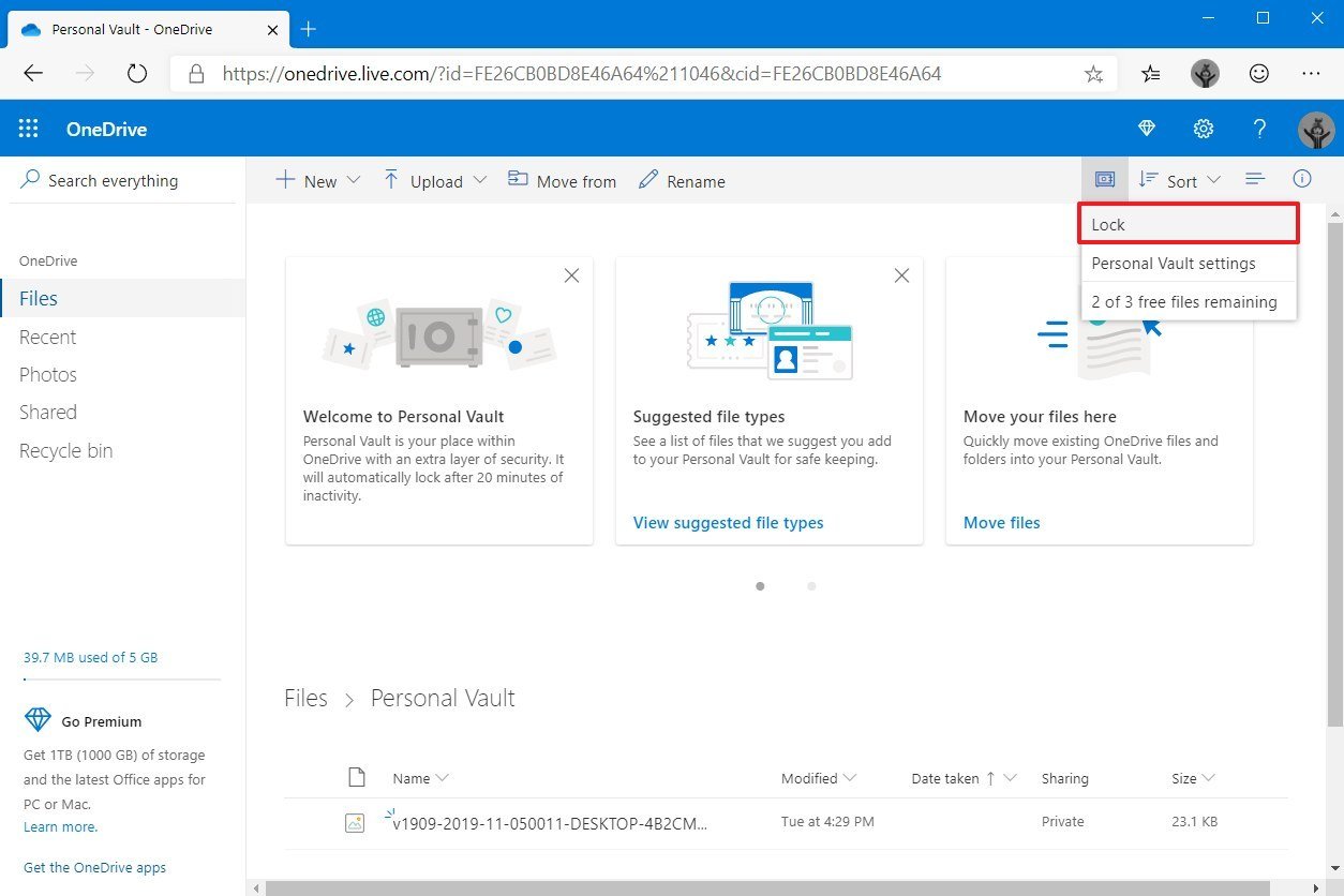 Lock OneDrive Personal Vault on the web