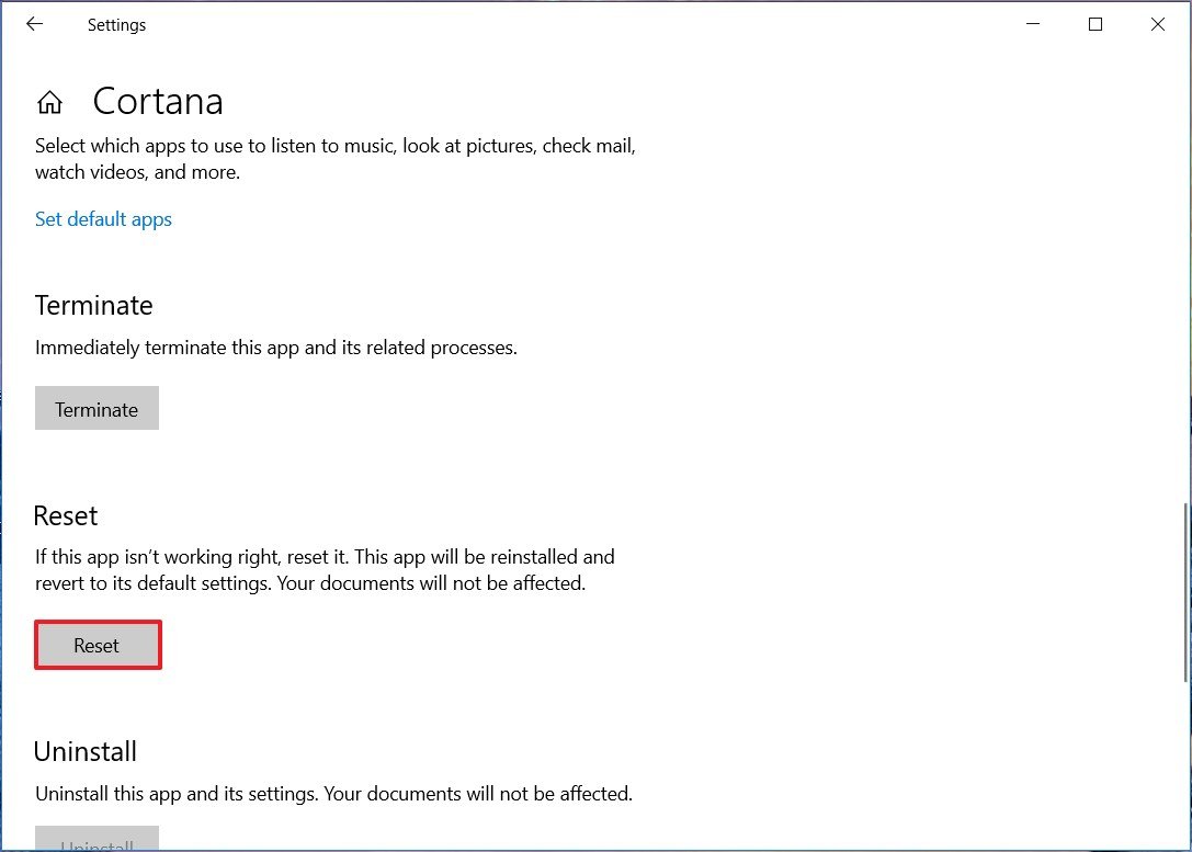 Cortana reset option