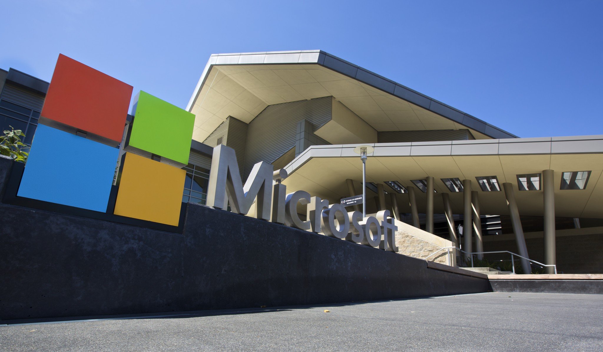 The Visitor's Center at Microsoft Headquarters campus is pictured July 17, 2014 in Redmond, Washington.