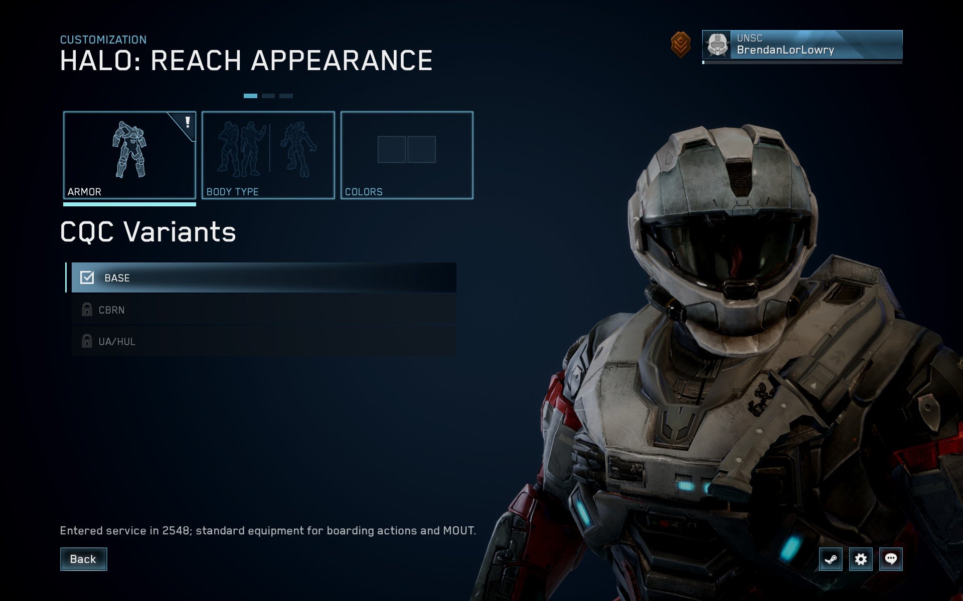 One of the customization menus in Halo: Reach on PC.