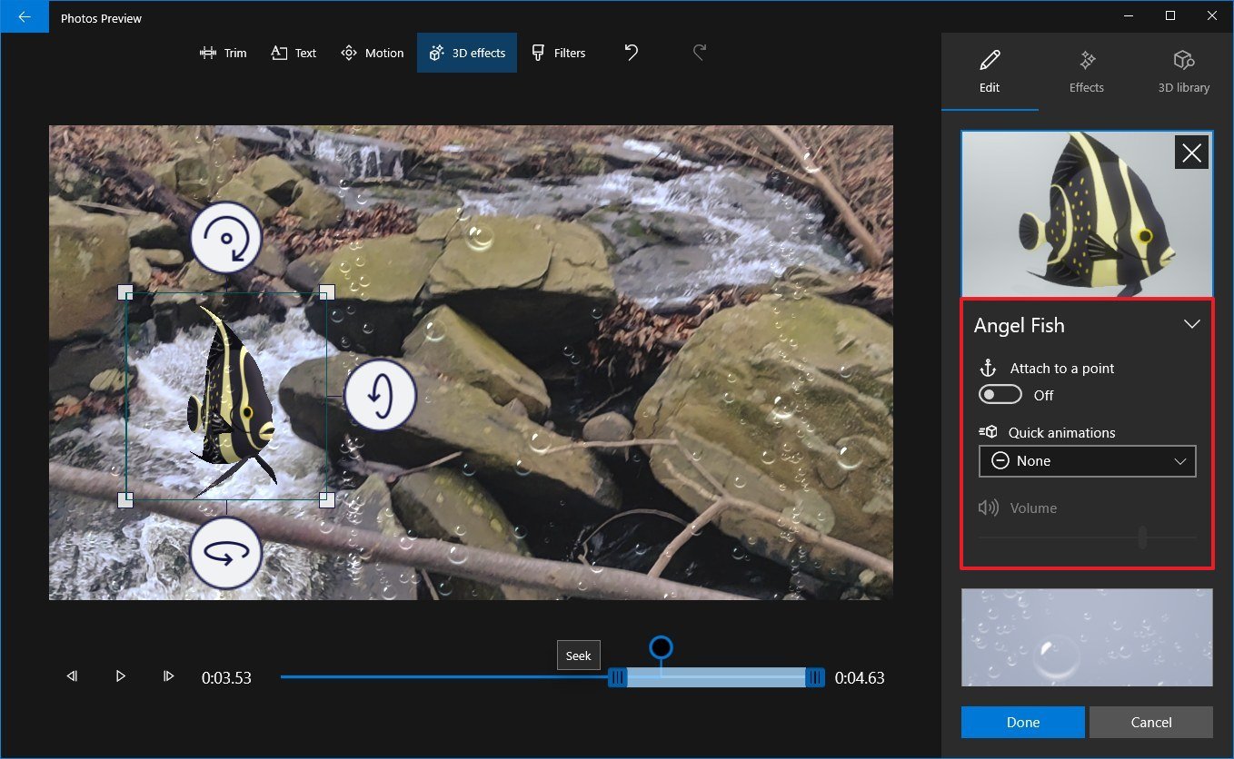Photos video editor 3D effect settings