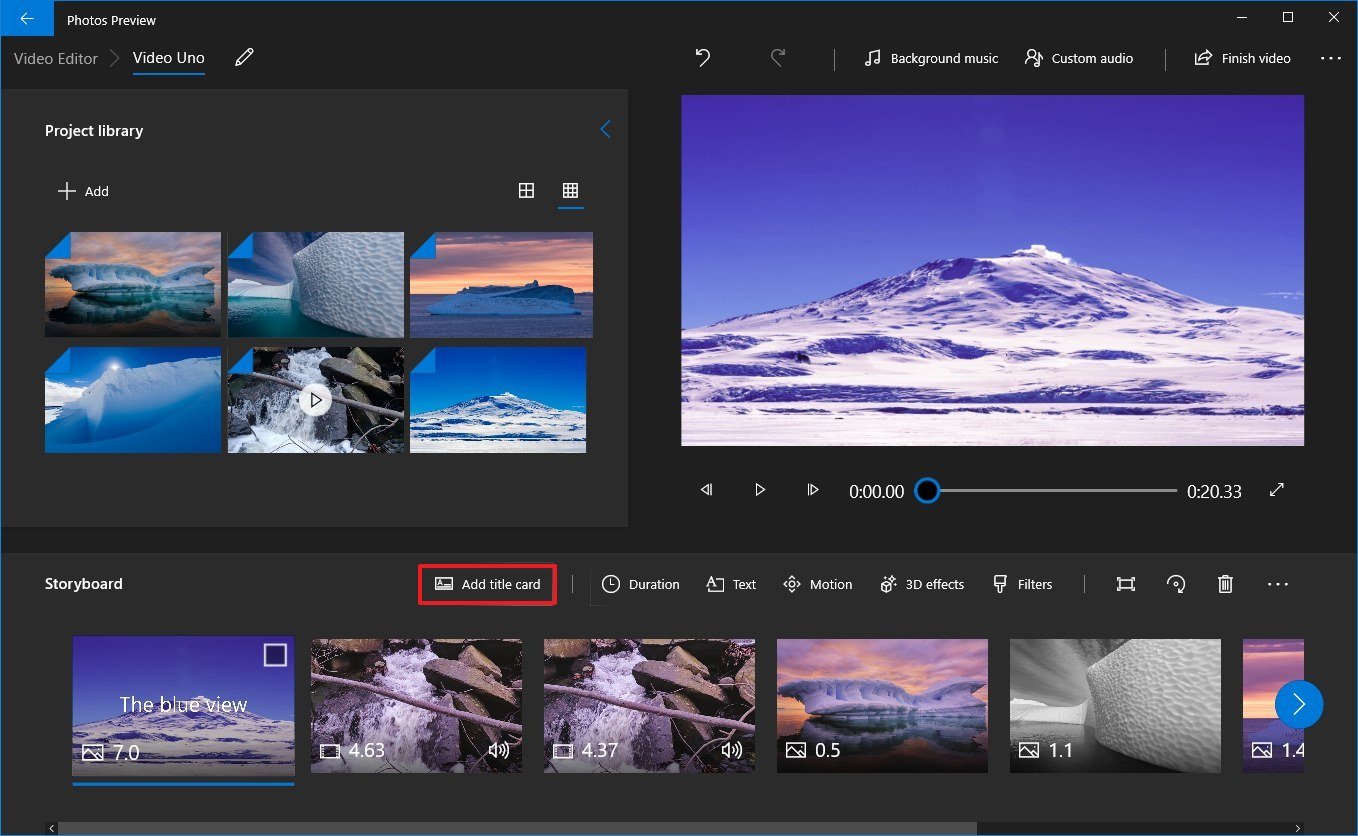 Photos video editor add title card