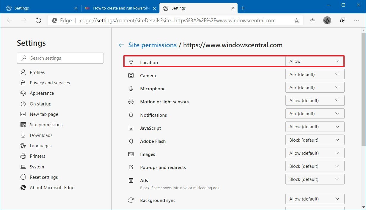 Microsoft Edge allow and block location tracking for website