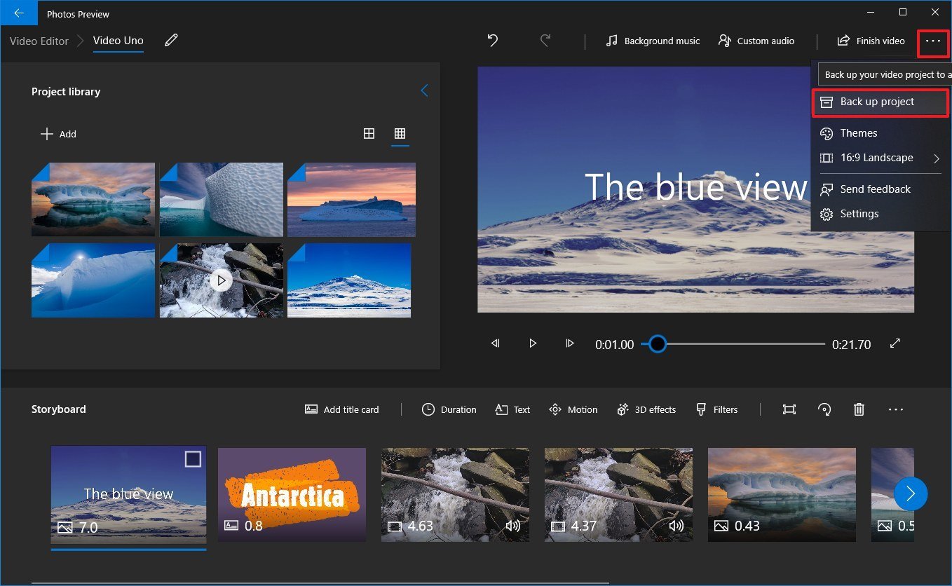 Backup video project using Windows 10 Photos app