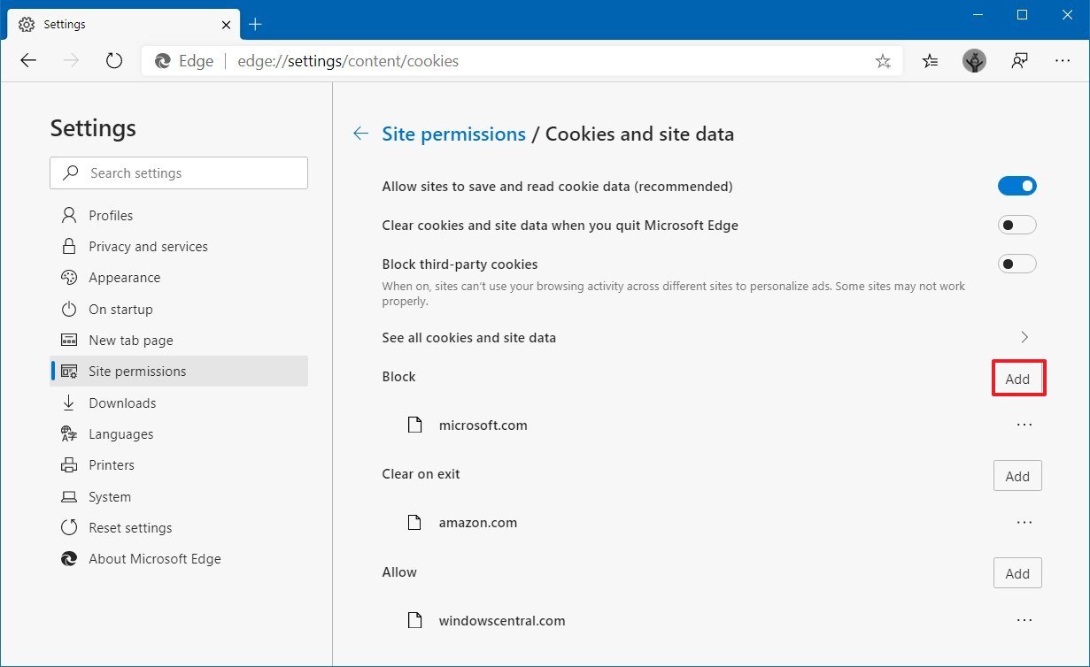 Microsoft Edge prevent site from saving and accessing cookies