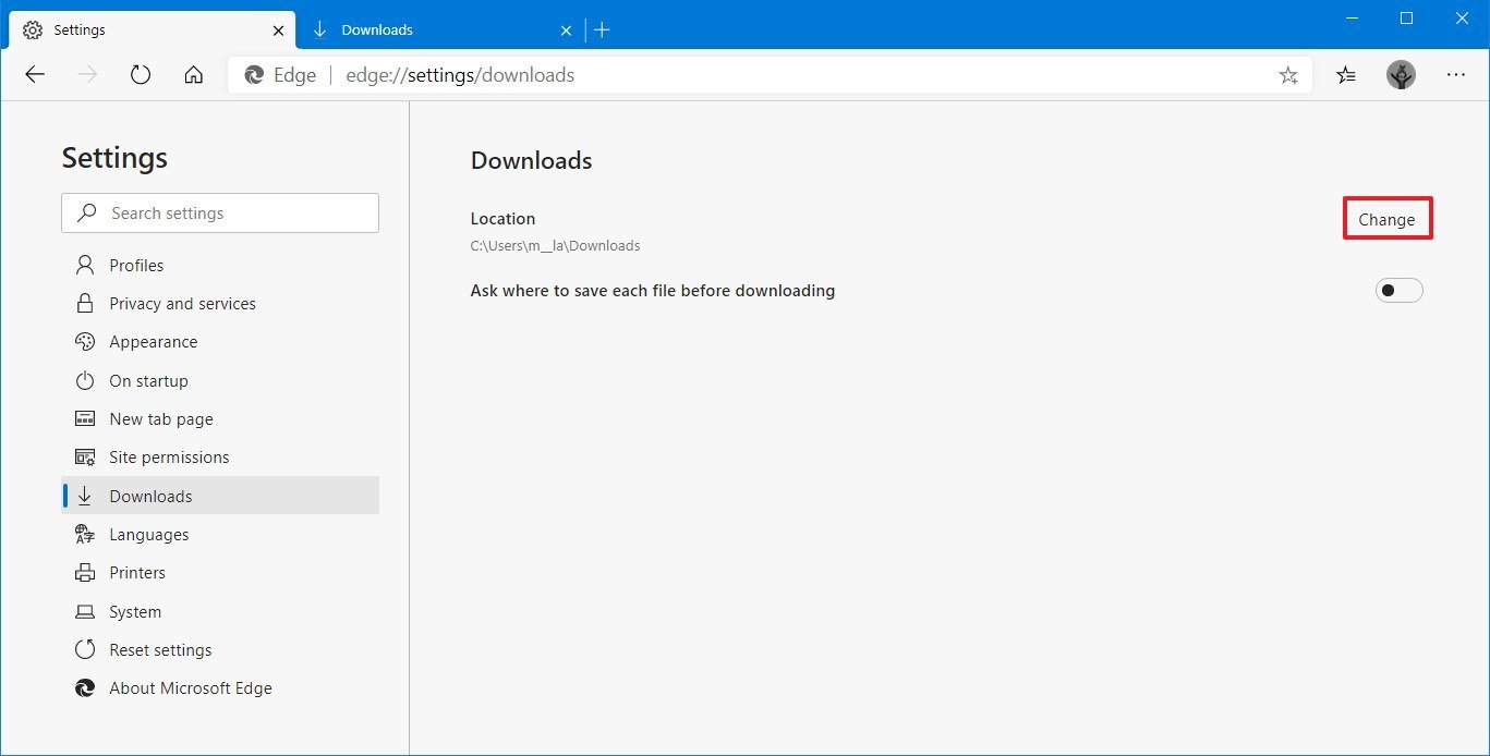 Microsoft Edge change default downloads location
