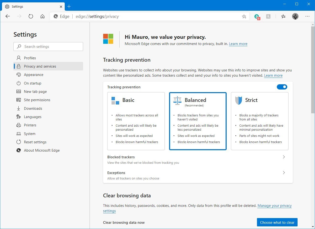 Microsoft Edge Chromium privacy and services settings