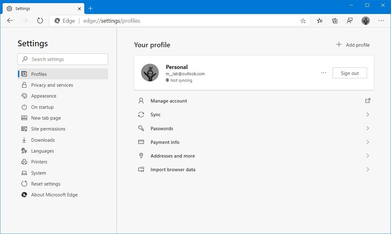 Microsoft Edge Chromium profiles settings