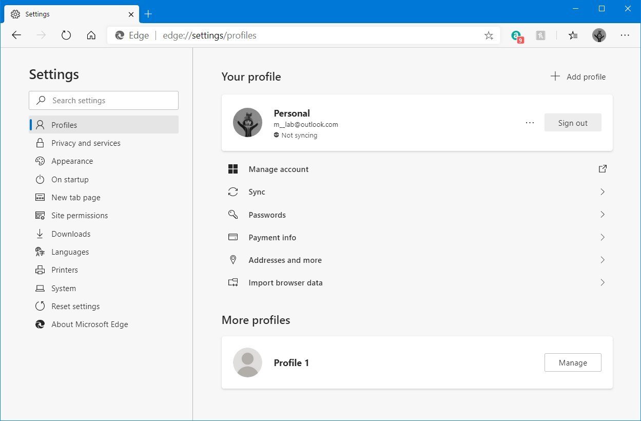 Microsoft Edge Chromium profiles settings